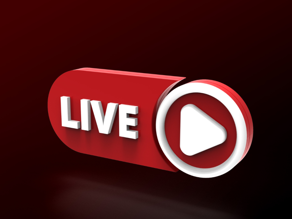 Professionele live streaming - rode knop met live symbool, representatief voor hoogwaardige streaming oplossingen bij online evenementen.