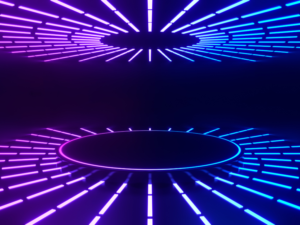Een futuristisch podiumontwerp met indrukwekkende LED-verlichting in blauw en paars. De dynamische lichtstralen creëren een meeslepende sfeer, perfect voor evenementen, concerten en live optredens. Deze moderne lichtoplossing biedt een unieke setting voor presentaties en shows, waarbij de juiste verlichting zorgt voor een krachtige visuele impact en een onvergetelijke beleving.