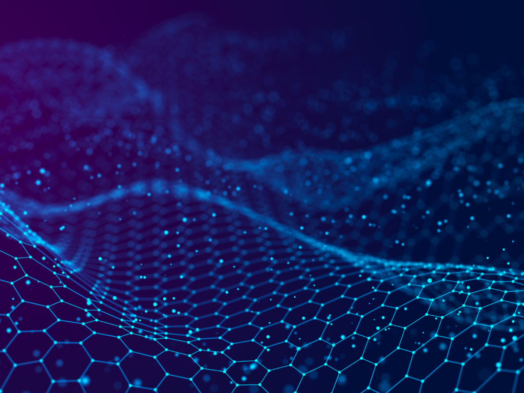 Digitale weergave van 3D-geluidsgolven in een blauw hexagonaal netwerkpatroon