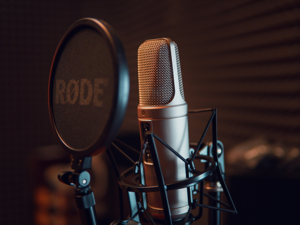 Studiomicrofoon met popfilter in een geluidsdichte ruimte